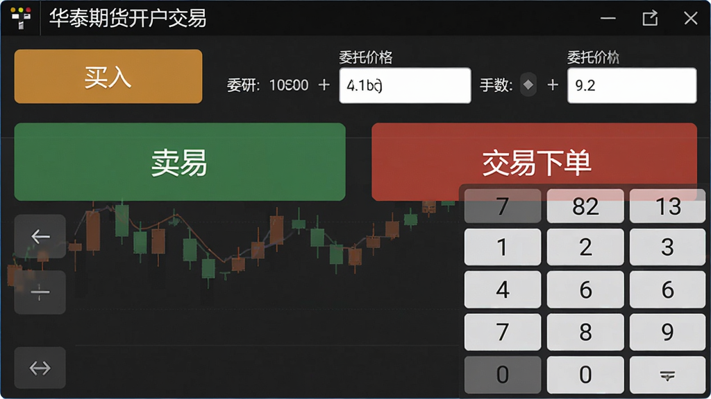 华泰期货开户交易软件的交易下单界面,展示买入卖出按钮、委托价格、手数输入框,界面布局清晰,数字键盘弹出,色彩醒目,画质高清,干净无多余元素。