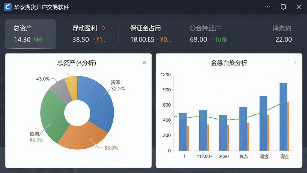 华泰期货开户交易软件的资金持仓页面,显示总资产、浮动盈亏、保证金占用等数据,饼图与柱状图辅助分析,界面美观,数据直观,画质清晰,干净无多余元素。
