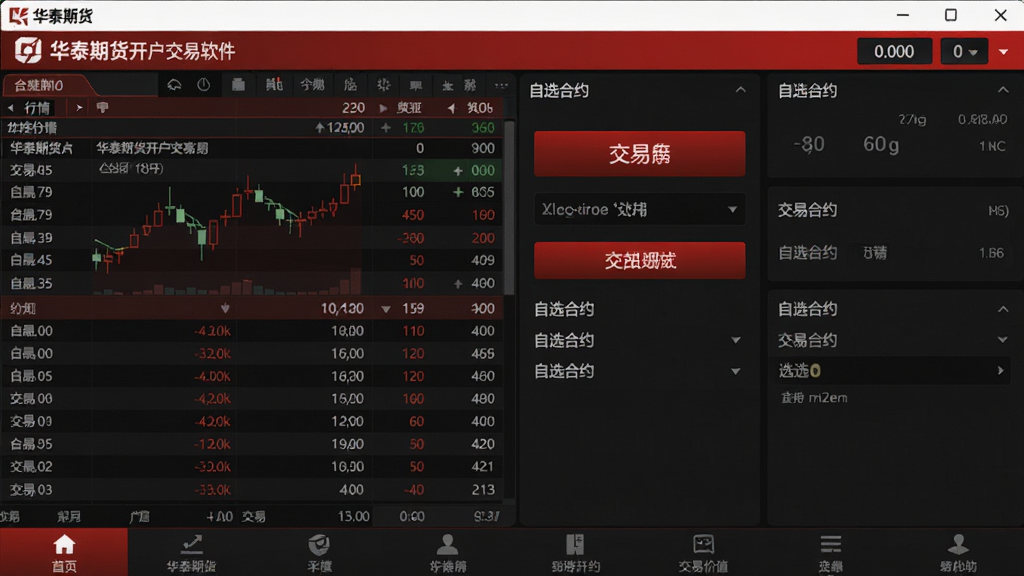 华泰期货开户交易软件的主界面截图,展示行情列表、交易按钮、自选合约等核心功能模块,界面采用红黑配色,简洁现代,底部导航栏清晰,整体风格专业且视觉舒适,画质高清,干净无多余元素。
