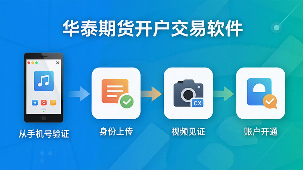 华泰期货开户交易软件开户流程示意图,展示从手机号验证、身份上传、视频见证到账户开通的步骤,图标化设计,色彩明亮,背景干净,画质清晰,无多余元素。