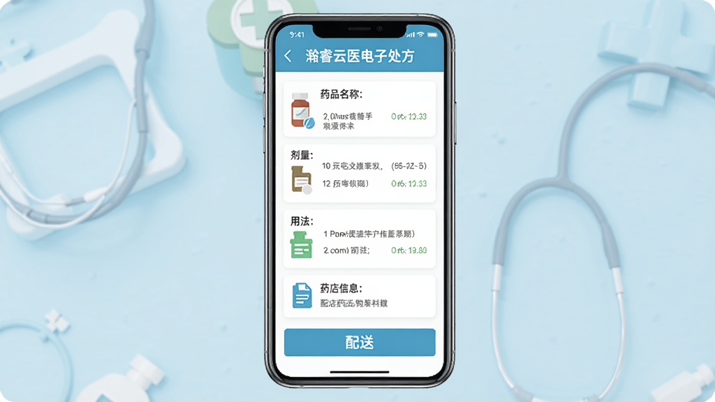 主体为手机屏幕显示电子处方详情页面,包含药品名称、剂量、用法、药店信息和配送按钮,背景为简洁的浅蓝色医疗风格,布局规整,排版清晰,风格扁平化,细节包括药品图标和用量说明,画质干净无多余元素,文字标注“灏睿云医电子处方”