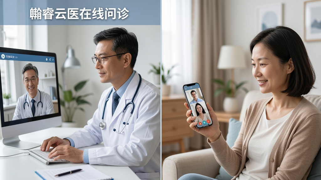 主体为医生通过手机视频通话为患者提供在线问诊服务,画面分为左右两屏,左边是医生穿着白大褂对着电脑,右边是患者在家中拿着手机,布局清晰,排版简洁,风格写实,细节丰富,画质高清,干净无多余元素,文字标注“灏睿云医在线问诊”