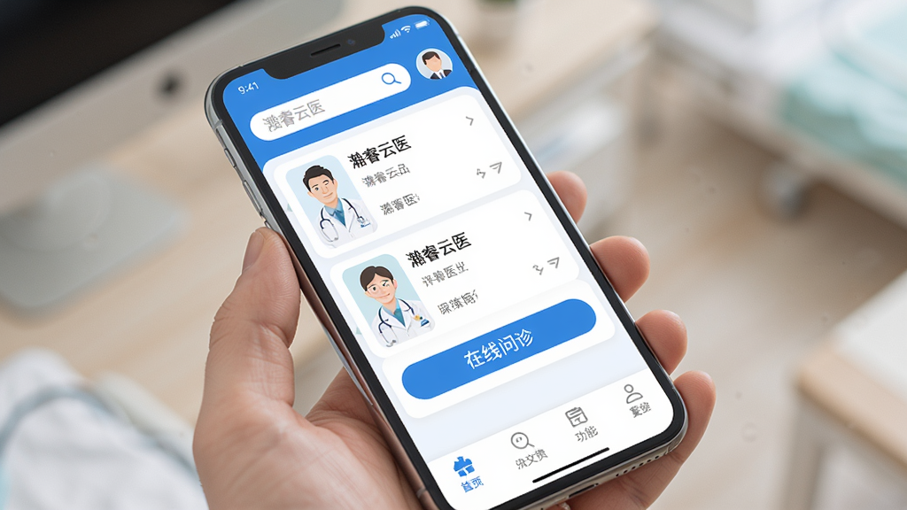 主体为智能手机界面显示灏睿云医APP主页面,界面布局清晰,上方为搜索栏和用户头像,中间为医生列表和在线问诊按钮,下方为功能导航栏,整体色调以蓝白为主,医疗风格,扁平化设计,画质高清,干净无多余元素,文字标注“灏睿云医”