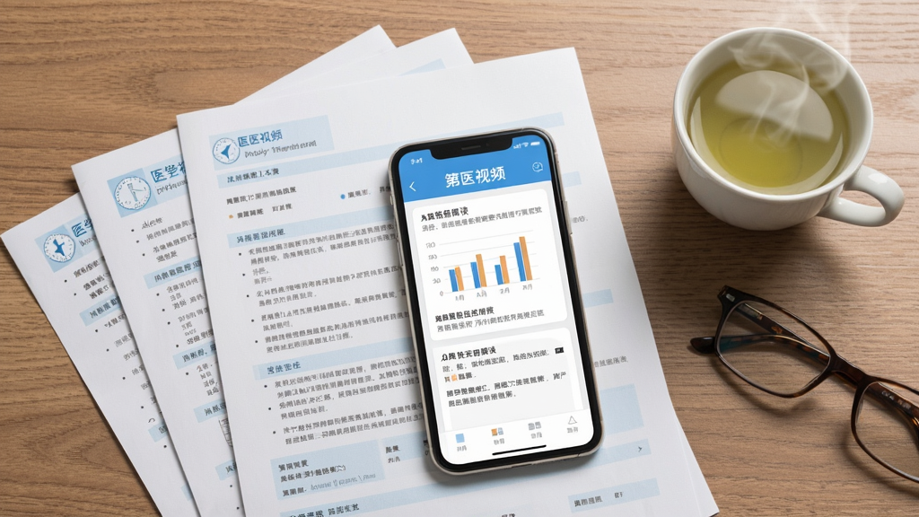 画面主体为一张木纹桌面,桌面上摊开放着几张医学检验报告单和一部显示“第医视频”APP报告解读页面的手机。手机屏幕上展示着图表和文字解读。桌角放着一杯冒着热气的清茶和一副眼镜。布局为俯拍视角,风格写实,光线自然,细节丰富,画质干净,无多余元素。