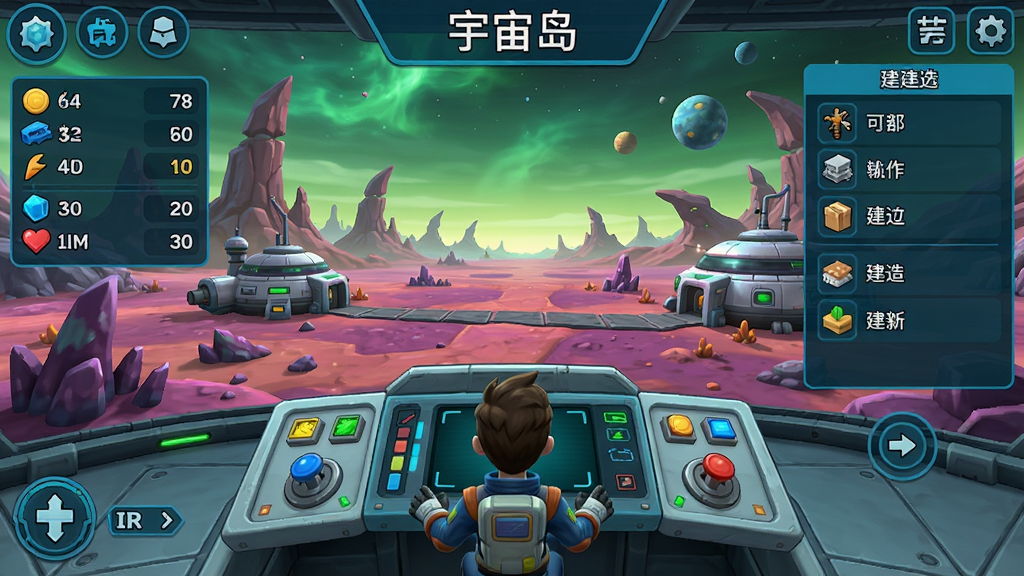 《宇宙岛》游戏界面,主体为玩家在基地中操控面板,屏幕上有资源列表和建造菜单,背景是外星景观,画面清晰,操作指引明确,风格明亮,细节丰富,干净整洁