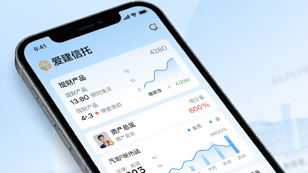 爱建信托App主界面展示,手机屏幕内显示“爱建信托”字样、理财产品列表、资产总览图表,背景为浅蓝色渐变,界面干净清爽,现代简约风格,高清画质,细节丰富