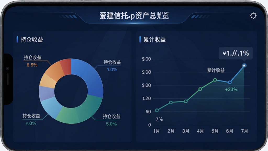 爱建信托App资产总览页面,显示饼状图与折线图,标注“持仓收益”“累计收益”,背景为深蓝色主题,数据清晰,风格商务大气,高清渲染