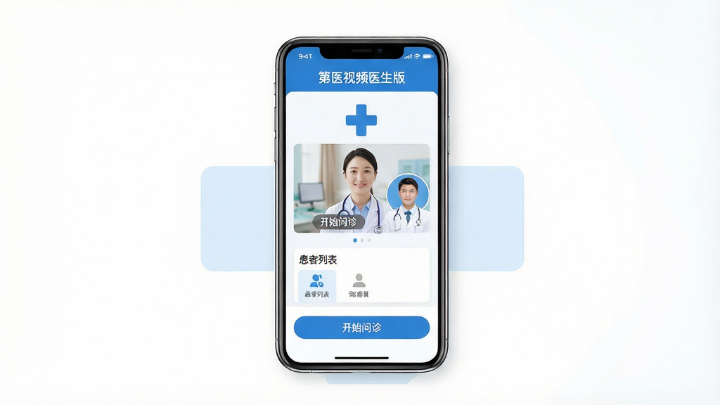 画面主体为一部智能手机屏幕显示“第医视频医生版”应用界面,界面中有清晰的视频问诊窗口和医生头像,背景为简洁的医疗十字图标。布局采用居中构图,手机位于画面中央,四周留白。排版干净清爽,风格偏向现代扁平化设计,色彩以蓝色和白色为主,细节包括界面上的“开始问诊”“患者列表”等文字按钮。画质高清,画面干净,无多余元素。
