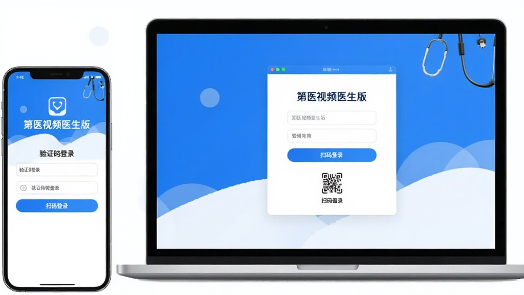 画面主体为一部手机和一台笔记本电脑并排摆放,屏幕上均显示“第医视频医生版”的登录界面。布局采用平行排列,风格简洁明快,颜色以蓝白为主。细节包括手机上的“验证码登录”和电脑上的“扫码登录”字样。画质干净,无多余元素。