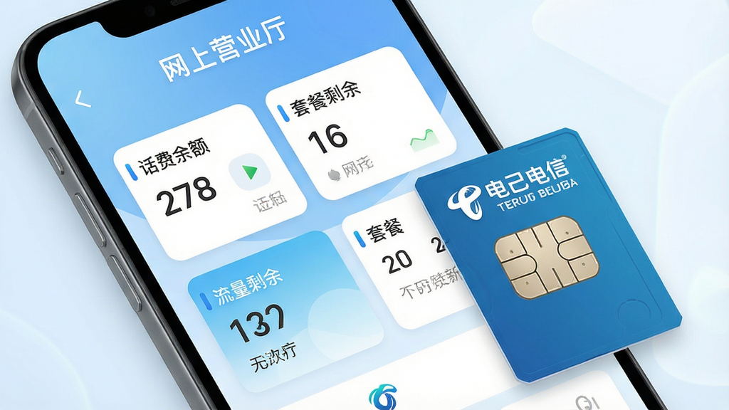 一张智能手机屏幕特写,屏幕上清晰显示“网上营业厅”APP主界面,界面布局简洁现代,包含话费余额、流量剩余、套餐余量等卡片式信息,背景为柔和的渐变蓝色,手机旁放置着一枚中国电信的SIM卡,画面整体明亮、干净,采用商业产品渲染风格,突出移动端便捷服务的主题,画质高清,干净,无多余元素