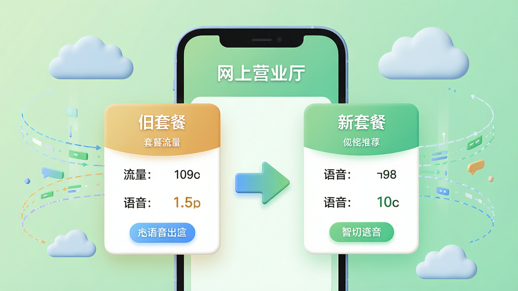 一个3D风格的智能手机界面插图,屏幕中央展示着“网上营业厅”的套餐对比页面,左右两侧分别是旧套餐与新套餐的卡片,中间用箭头连接,卡片上标注着流量、语音、价格等关键指标,背景为浅绿色渐变,周围点缀着抽象的云朵与数据流线条,整体风格清新科技感,突显智能推荐与切换的流畅感,画质高清,干净,无多余元素