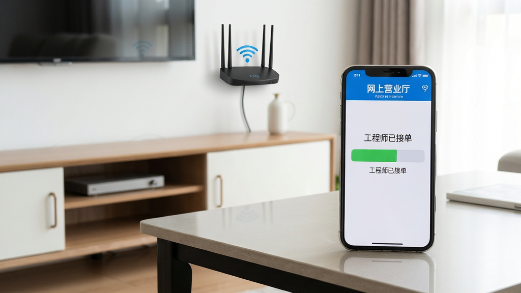 一幅客厅场景的侧视图,茶几上放着一台正在运行“网上营业厅”APP的智能手机,屏幕显示宽带安装进度条,进度条呈现半满状态,并标有“工程师已接单”字样,电视背景墙上挂着一个正在工作的千兆路由器,画面光线明亮柔和,采用写实摄影风格,体现家庭网络服务场景,画质干净,无多余元素