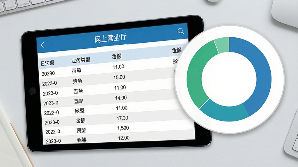 一张平板电脑横屏展示“网上营业厅”账单明细列表的俯视图,屏幕上以表格形式罗列着日期、业务类型、金额等条目,旁边悬浮着放大的数据可视化圆环图,图表配色以蓝绿为主,背景为浅灰色的办公桌面,风格简洁商务,强调数据清晰度与专业感,画质干净,无多余元素