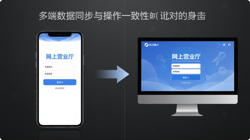 一张分屏对比图,左侧是手机端“网上营业厅”的登录界面,右侧是电脑模拟器运行同一应用的界面,中间用箭头连接,背景为深灰渐变色,强调多端数据同步与操作一致性,风格偏向科技感数字插画,画质干净,无多余元素