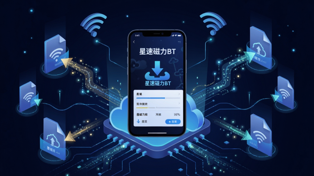 星速磁力BT使用场景示意图,主体为一部手机连接着云端数据网络,周围环绕着多个文件传输的光点与线条,布局采用中心构图,手机屏幕显示“星速磁力BT”的下载界面,风格为科技感插画,细节包括背景中的Wi-Fi图标与数据流光束,画质高清细腻,无多余元素