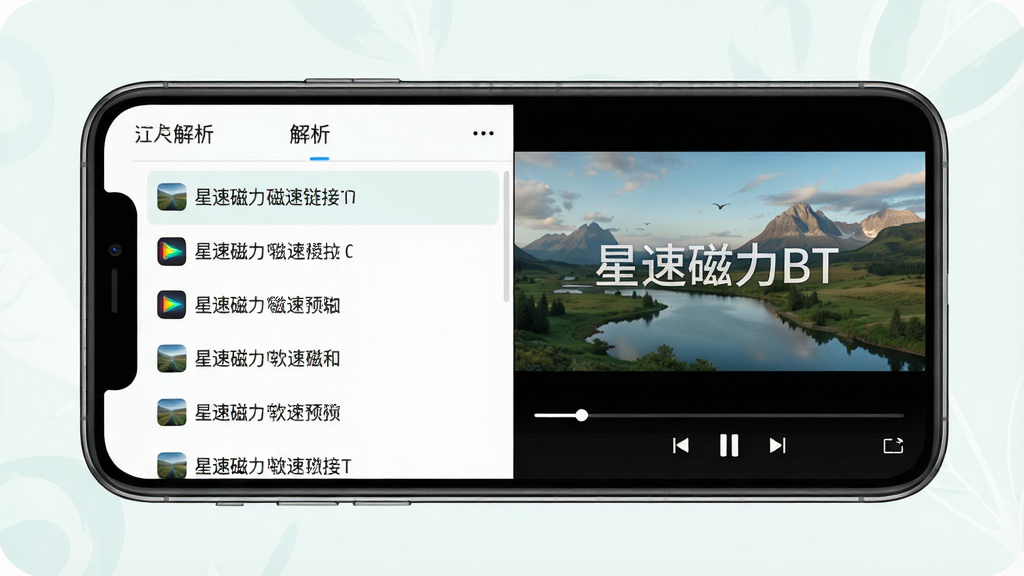 星速磁力BT软件功能预览图,主体是手机横屏播放高清视频的画面,视频内容为流畅的风景纪录片,布局为左右分屏样式,左侧展示正在解析的磁力链接列表,右侧是播放器控制界面,排版整洁,风格清新自然,细节包括画面中的“星速磁力BT”水印与播放进度条,画质清晰流畅,无多余元素