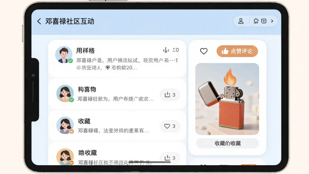 邓喜禄社区互动界面,展示用户帖子列表与点赞评论按钮,包含打火机收藏展示图,界面清新,社交元素明显,插画风格,色彩柔和,干净无多余元素