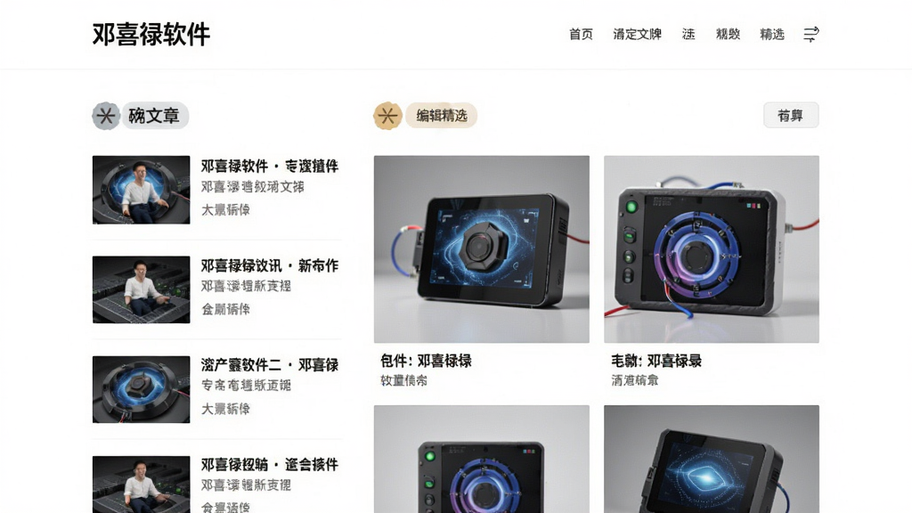 邓喜禄软件品牌资讯页面,展示最新文章列表与高清产品图,编辑精选标识,排版清晰,杂志风格,画质高清,简洁明亮,无多余元素