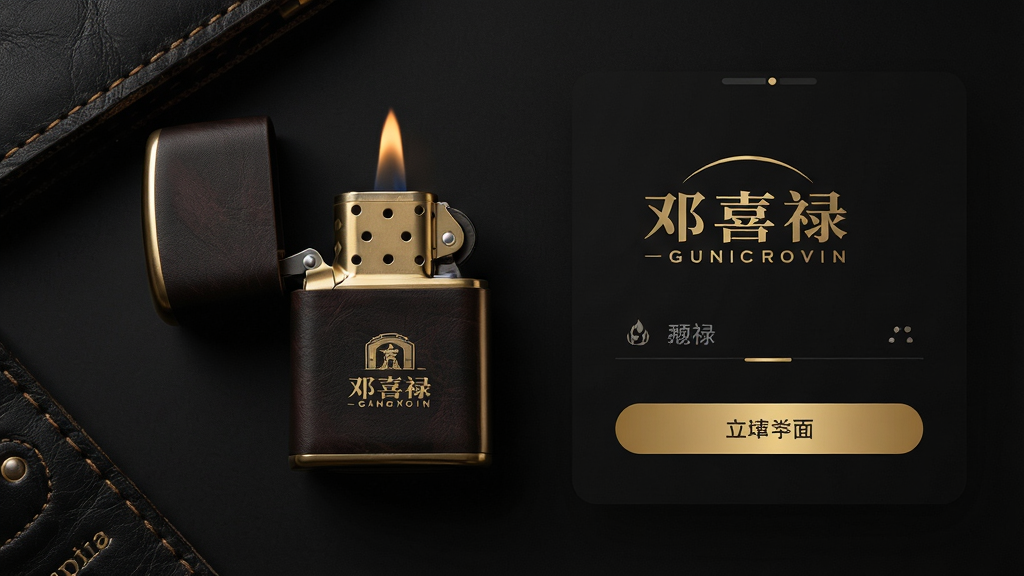 邓喜禄应用主界面预览图,展示品牌风格,融合经典打火机与皮革元素,深色背景配金色点缀,现代简约UI布局,高清渲染,质感细腻,干净无多余元素