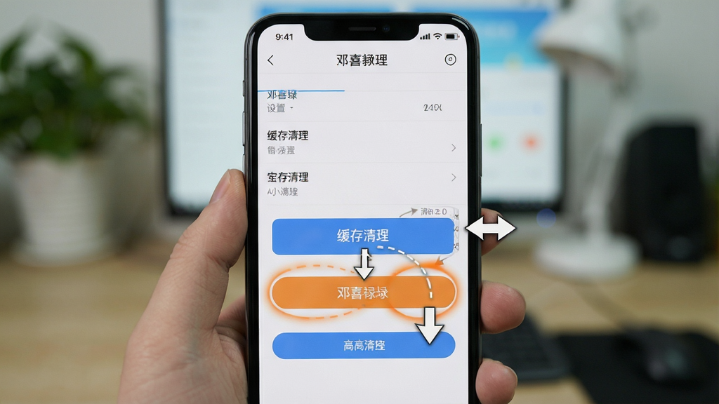 邓喜禄使用教程截图,展示设置界面与缓存清理步骤,高亮按钮,步骤指示清晰,手机界面特写,背景虚化,教学风格,画质清晰,干净无多余元素