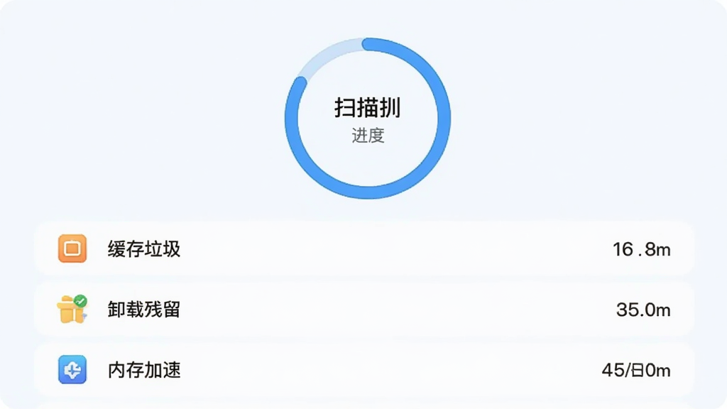 安全助手优化软件垃圾清理功能预览图,界面显示扫描进度圆环,下方列表展示缓存垃圾、卸载残留、内存加速等清理项目及大小,每个项目配有对应的小图标,背景浅色系,整体风格清爽明亮,排版清晰,画质干净