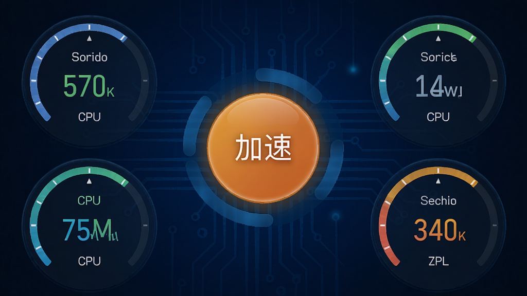 安全助手优化手机加速功能操作界面,屏幕中央显示加速按钮,周围环绕CPU占用率、内存使用量和温度数据仪表盘,背景采用深蓝色科技风,数据可视化图表清晰可见,整体设计专业且富有科技感,画质高清