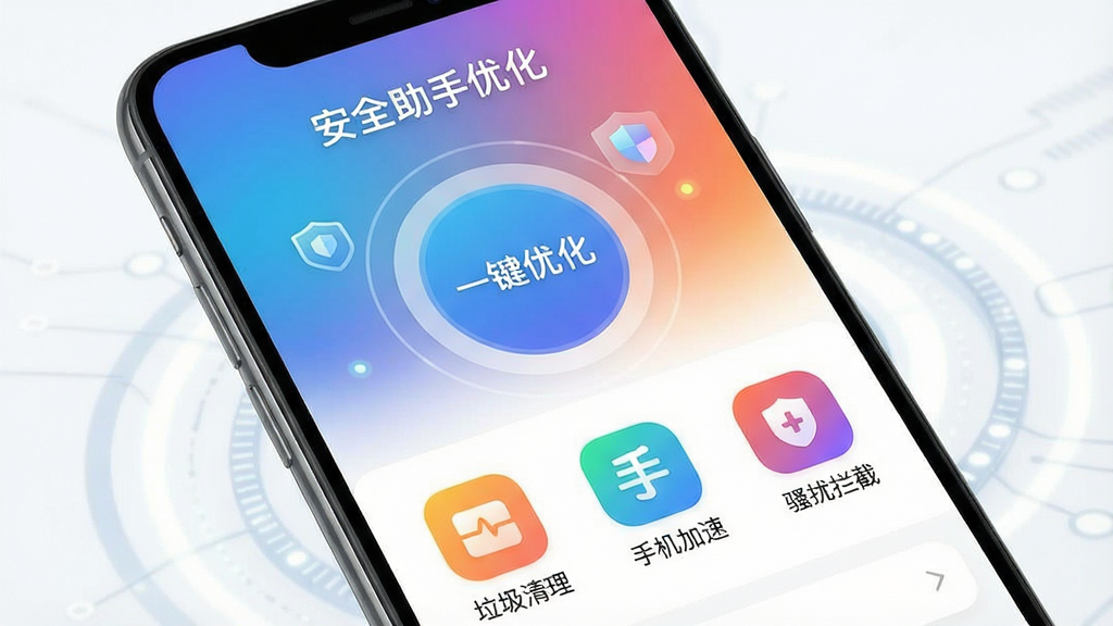 一张智能手机屏幕展示安全助手优化软件主界面,界面顶部显示“安全助手优化”字样,中间有圆形一键优化按钮,下方分布垃圾清理、手机加速、骚扰拦截等彩色功能图标,整体UI设计现代简洁,背景为渐变色科技感风格,画面清晰干净,无多余元素