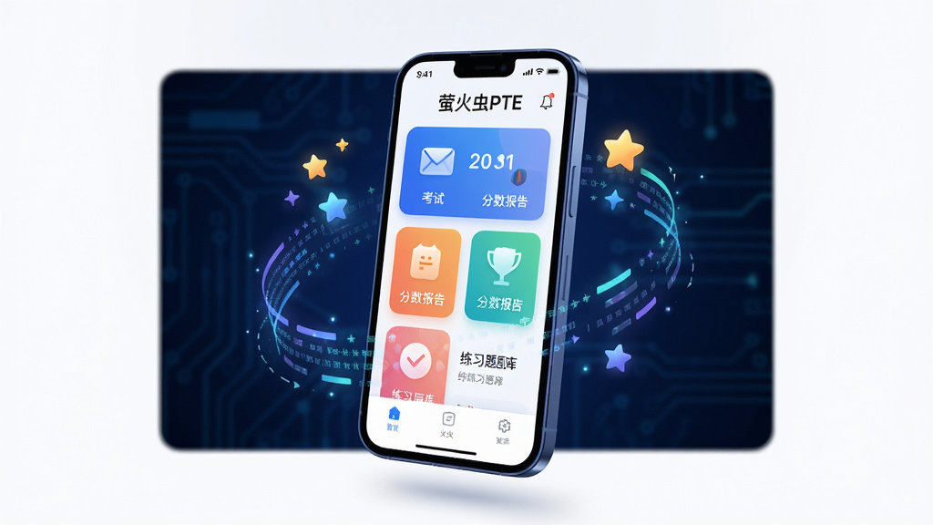画面主体为一部亮着屏幕的智能手机悬浮于深蓝色科技背景中,屏幕内显示“萤火虫PTE”应用界面,界面包含模拟考试、分数报告、练习题库等彩色卡片图标,手机周围环绕着发光的数据流与评分星星元素。布局采用手机居中、四周留白,排版简洁大气。风格为现代3D渲染结合扁平UI插画,细节处突出AI智能与英语学习氛围,画质高清干净,无多余元素。