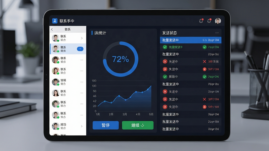 主体:一台平板电脑显示短信群发软件的后台发送面板,旁边有进度环和统计折线图。布局:平板居中,左侧为联系人列表,右侧为发送状态实时滚动日志。排版:面板分区清晰,绿色对勾表示成功,红色叉号表示失败,底部有暂停和继续按钮。风格:深色商务风格,蓝色高亮数据,整体简洁专业。细节:日志区域有“批量发送中”字样,进度环显示72%。画质:高清渲染,干净,无多余元素。