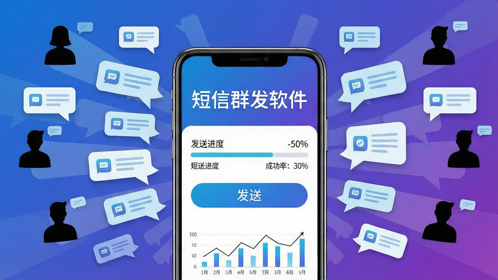 主体:一部手机屏幕显示短信群发软件界面,背景有大量消息气泡飞向不同方向的人物剪影。布局:手机居中,气泡呈放射状排列,下方有发送按钮和数据图表。排版:界面简洁,标题“短信群发软件”醒目,按钮文字清晰。风格:现代科技感,蓝紫色渐变背景,白色和浅蓝色为主色调。细节:气泡上有文字图标,手机屏幕显示发送进度条和成功率。画质:高清,干净,无多余元素。