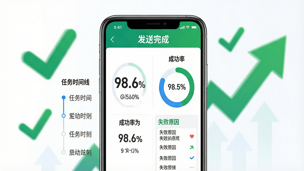 主体:一部手机显示发送成功后的报告页面,背景有绿色对勾和上升箭头。布局:手机居中,左侧展示任务时间线,右侧展示成功率环形图。排版:数据用大号数字展示,成功率为98.6%,失败原因列表清晰。风格:明亮商务风,白色背景,绿色和蓝色点缀。细节:报告页面有“发送完成”字样。画质:高清,干净,无多余元素。