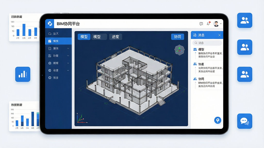 主体:BIM协同平台软件界面在平板电脑上展示三维建筑模型,周围有数据图表和协作图标。布局:中心为模型视图,左侧为功能列表,右侧为消息面板。排版:简洁清晰的扁平化设计,模块化排列。风格:科技感、现代感,蓝白主色调。细节:模型显示精细的结构线条,界面有“模型”、“进度”、“协同”等文字标签。画质:超高清,干净,无多余元素。