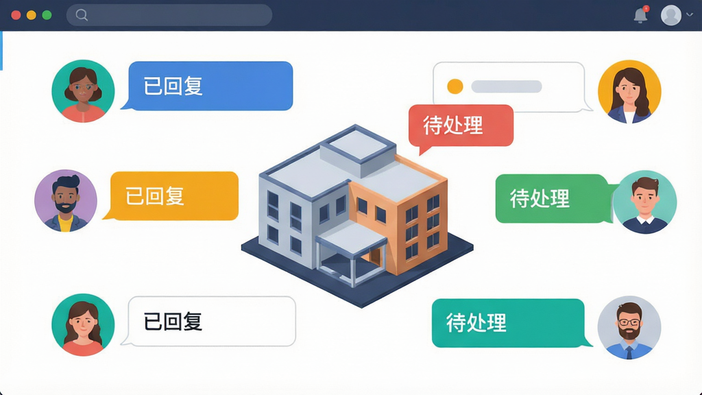 主体:BIM协同平台协同讨论界面,多个用户头像围绕一个建筑模型,有对话气泡。布局:模型在中央,四周分布参与者头像和消息框。排版:社交化风格,消息流式排列。风格:现代扁平,色彩活泼。细节:气泡内有“已回复”、“待处理”等状态标签。画质:清晰,干净,无多余元素。