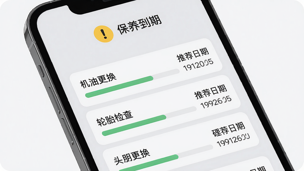 车老友智能保养提醒页面,手机界面显示保养项目列表,包括机油更换、轮胎检查等,每项带有进度条和推荐日期,顶部有黄色感叹号图标和“保养到期”文字,背景为浅灰色卡片式布局,整体风格清爽,细节丰富,画质干净,无多余元素