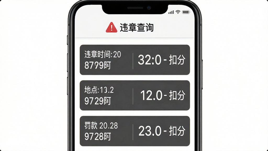 车老友违章查询功能展示,手机界面显示违章列表,每条记录包含违章时间、地点、罚款金额和扣分,顶部有红色警示标志和“违章查询”标题,背景为白色简洁风格,列表清晰易读,细节真实,画质干净,无多余元素