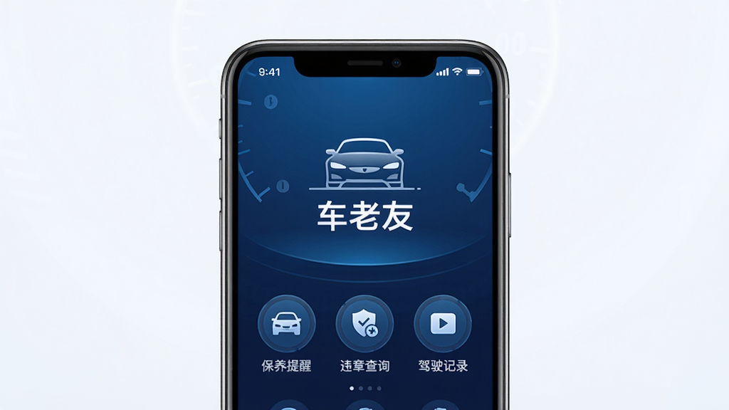 车老友APP界面展示,手机屏幕显示车辆仪表盘风格的主页,背景为深蓝色科技感渐变,中央有车辆轮廓图标和“车老友”字样,下方排列保养提醒、违章查询、驾驶记录等圆形功能按钮,整体布局简洁大气,UI风格现代扁平化,细节精致,画质清晰干净,无多余元素