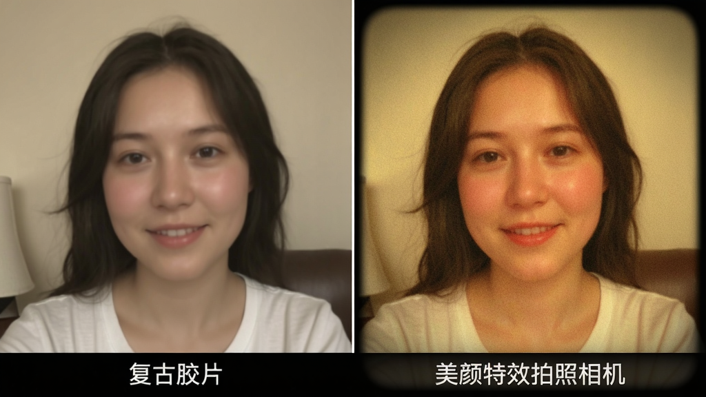 主体:一张拼接对比图,左侧是普通拍摄的照片,右侧是应用了“美颜特效拍照相机”复古胶片滤镜后的效果,色调偏暖黄,带有轻微颗粒感。布局:左右二分构图,中间用白色细线分隔,整体横向排版。排版:图片下方标注滤镜名称“复古胶片”。风格:复古文艺,画面带有电影质感。细节:右侧照片边缘有轻微暗角,人物肤色更红润,光影更柔和。画质:高清,干净,无多余元素。