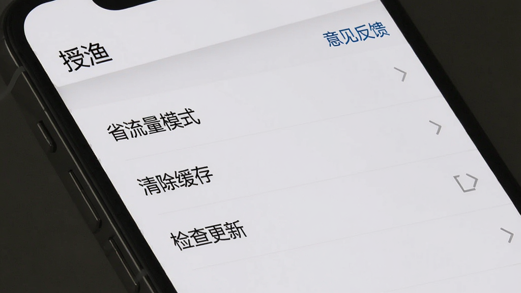 一张手机截图,显示“授渔”软件的设置页面,页面中有“省流量模式”、“清除缓存”、“检查更新”等选项,顶部有“意见反馈”按钮,背景为浅灰色,列表文字清晰,整体界面简洁,画质干净,无多余元素