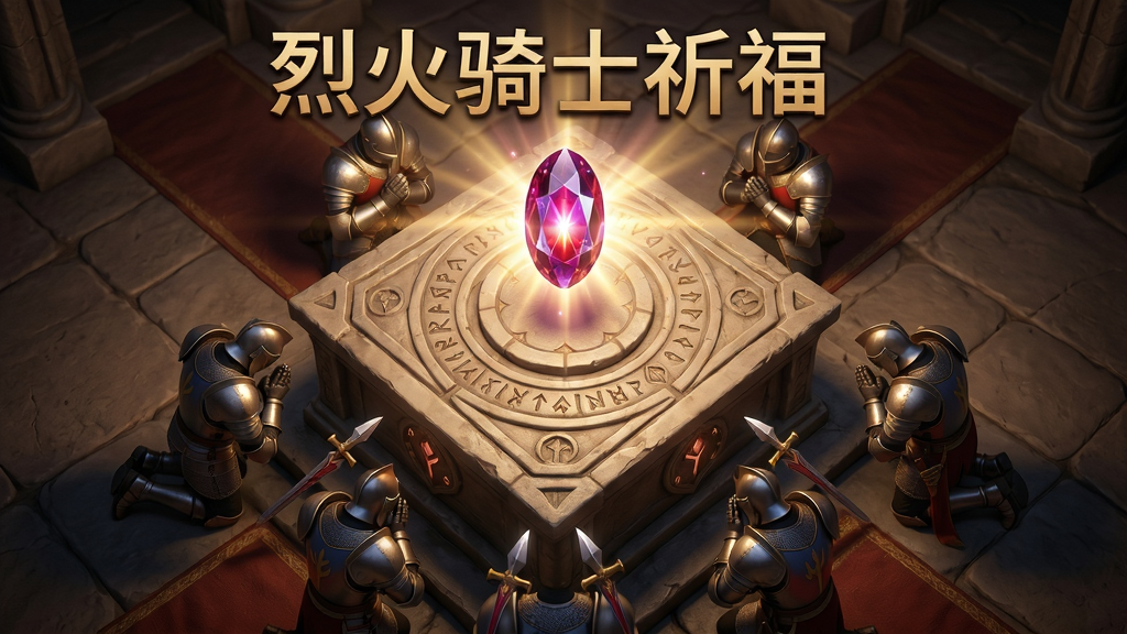 画面中展示游戏内的祈福祭坛,祭坛中央悬浮着一颗发光的宝石,周围有骑士跪拜。布局采用俯视视角,祭坛位于画面中央,光芒四射。排版上,祭坛的纹路清晰,宝石的光效华丽,骑士的姿势虔诚。风格为魔幻写实,细节丰富,画质高清,干净无多余元素,图片上配有文字“烈火骑士祈福”。