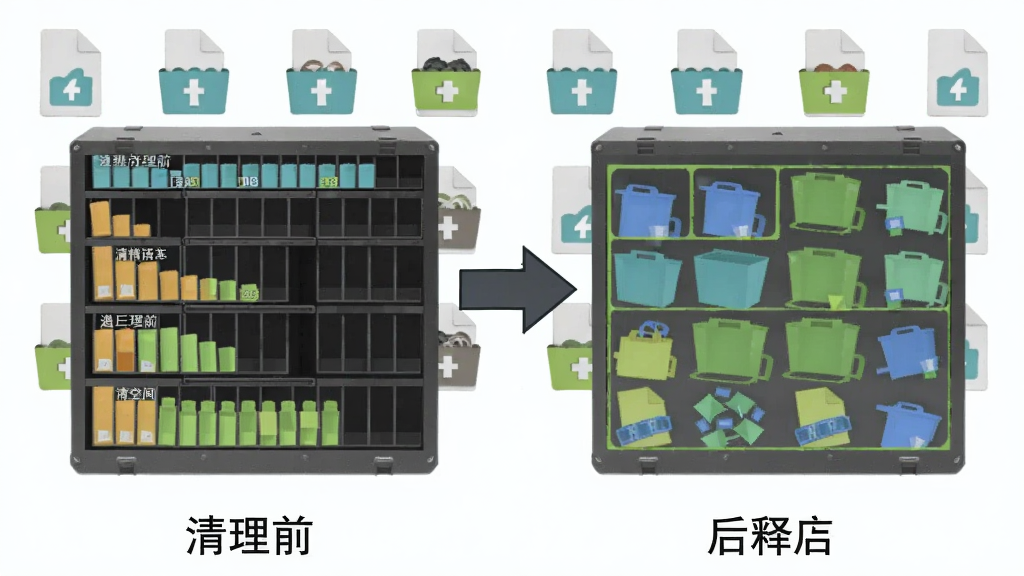 一张检师兄清理垃圾前后的存储空间对比图,左边显示清理前存储空间接近饱和,右边显示清理后释放出大量空间,中间有一个箭头连接,背景有扫描到的各类垃圾文件图标,风格简洁明了,颜色清新,画质清晰,无多余元素
