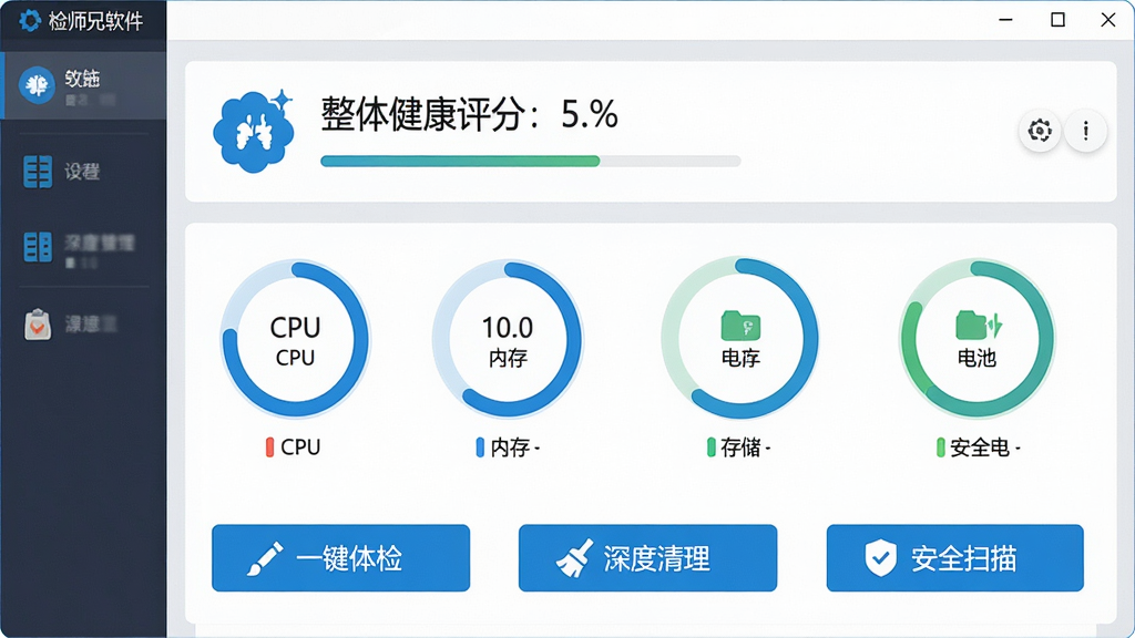一张展示检师兄软件主界面的高清截图,界面上方显示设备整体健康评分,中部用圆形图表展示CPU、内存、存储、电池等核心硬件的实时状态,下方有“一键体检”、“深度清理”、“安全扫描”三个醒目按钮,整体风格蓝色科技感,图标扁平化,布局清晰,画质干净,无多余元素
