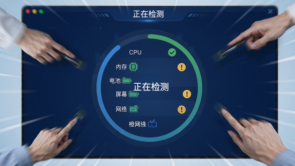 一张展示检师兄设备体检过程的界面截图,屏幕中央显示一个圆圈进度条,正在逐项检测CPU、内存、电池、屏幕、网络等部件,每个检测项旁边有绿色对勾或黄色感叹号,界面以深蓝色为主,配有“正在检测”字样,画面动感,画质高清,无多余元素