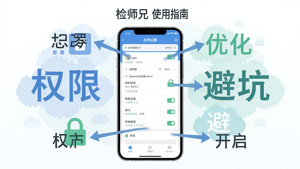 一张展示检师兄使用指南的示意图,画面中央是一个手机屏幕,上面显示应用设置界面,周围用箭头标注着关键权限的开启方法,背景有“权限”、“优化”、“避坑”等词汇的云图,整体风格简洁易懂,色调清爽,画质干净,无多余元素
