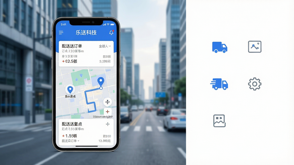 主体:乐送科技APP主界面展示,手机屏幕显示配送订单列表与地图导航,背景为现代城市街道。布局:手机居中偏左,右侧留白配以简洁功能图标。排版:界面UI采用卡片式设计,顶部状态栏显示“乐送科技”字样,下方为订单卡片与路线图。风格:扁平化设计,主色调为蓝色与白色,科技感强。细节:地图上标注起点终点,订单卡片含金额与时间,整体画面干净明亮。画质:高清渲染,细节丰富,无多余元素。