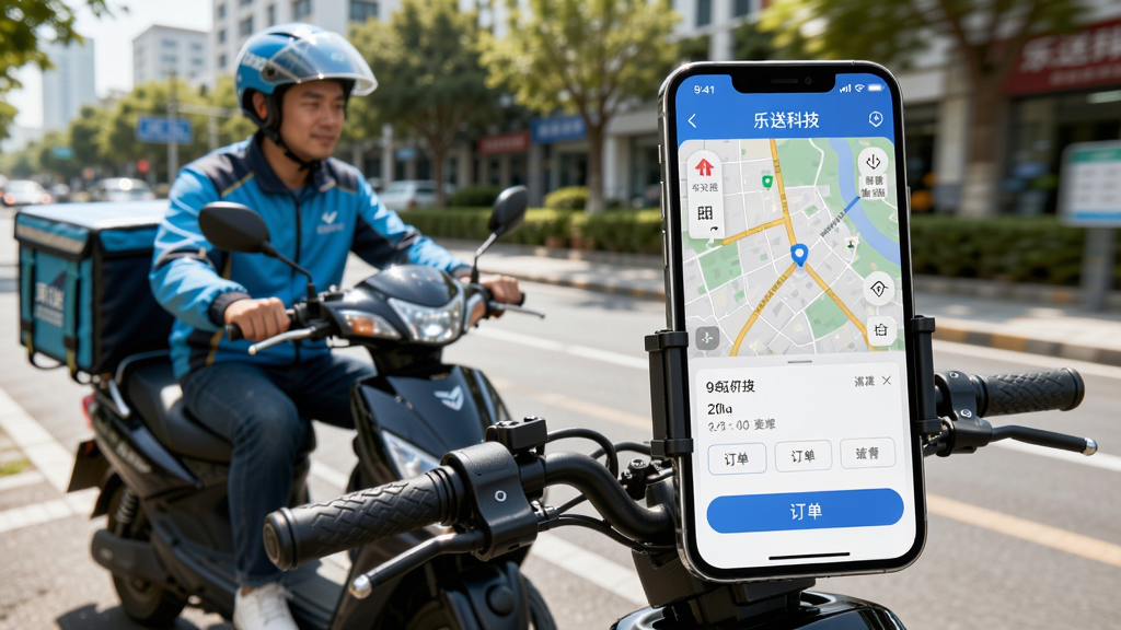 主体:用户操作乐送科技APP的场景,手机屏幕显示应用主界面,背景为配送员骑电动车。布局:手机居中偏右,左侧为配送员与电动车。排版:手机屏幕内显示地图与订单按钮,背景虚化。风格:写实摄影风格,光线明亮。细节:配送员戴头盔,手机固定在车把上。画质:高清,动态感强,无多余元素。