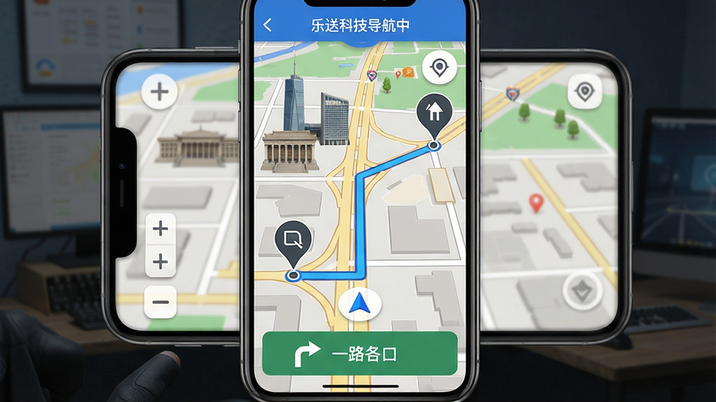 主体:乐送科技APP导航界面,手机屏幕显示地图与路线规划,道路旁有地标建筑。布局:手机居中,地图占据屏幕大半,底部有导航提示条。排版:地图上蓝色路线高亮,起点与终点标记清晰,底部提示下一路口转向。风格:写实地图风格,色彩真实,界面简洁。细节:地图缩放按钮与定位按钮可见,顶部显示“乐送科技导航中”。画质:高清,细节丰富,无多余元素。