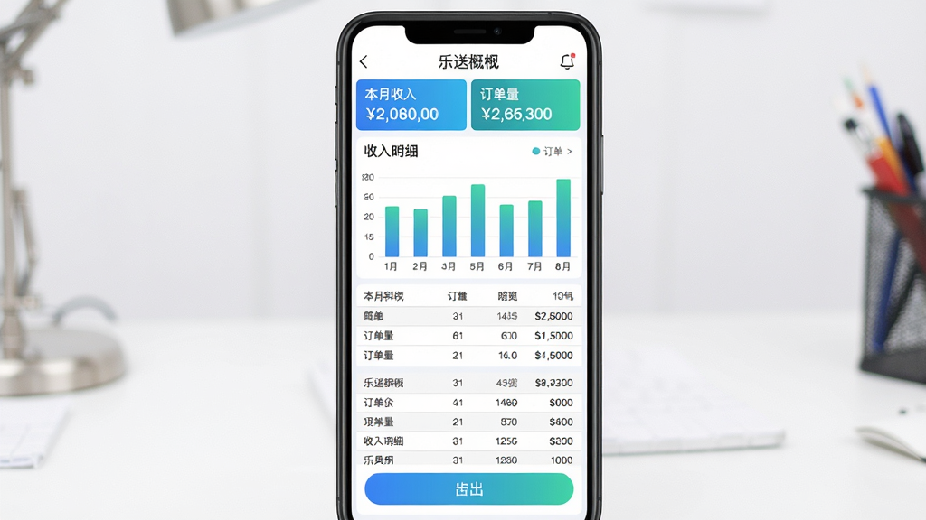 主体:乐送科技APP财务看板界面,手机屏幕显示柱状图与收入明细表格。布局:手机居中,屏幕上方为统计概览,下方为明细列表。排版:图表使用蓝绿渐变色柱状图,表格行间距适中,数据清晰。风格:商务简约,白色背景,蓝色点缀。细节:顶部显示“本月收入”与“订单量”数据,底部有导出按钮。画质:高清,字体清晰,无多余元素。