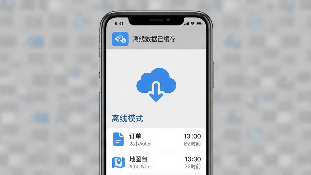 主体:乐送科技APP离线模式界面,手机屏幕显示“离线模式”图标与缓存文件列表。布局:手机居中,屏幕中央有云朵与下箭头图标,下方为文件列表。排版:图标居中,列表项带大小与时间。风格:极简风格,灰色调,图标蓝色。细节:顶部显示“离线数据已缓存”,列表有订单与地图包。画质:高清,无多余元素。