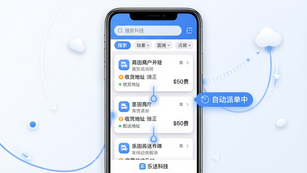 主体:乐送科技APP的订单调度界面,手机屏幕显示多张订单卡片与分配动画。布局:手机居中,屏幕内订单卡片上下排列,右侧有“自动派单中”标签。排版:卡片式布局,每张卡片显示商户名、收货地址与配送费。风格:清新商务风,主色蓝白搭配,图标圆润。细节:卡片边缘有阴影,顶部搜索栏与筛选标签,底部署名“乐送科技”。画质:高清,色彩柔和,无多余元素。