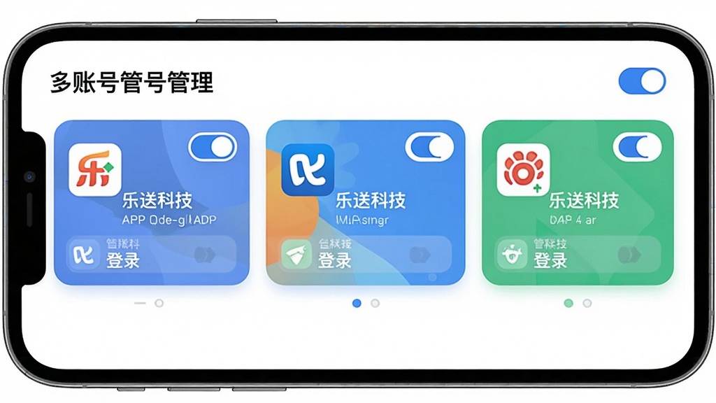 主体:乐送科技APP账号管理界面,手机屏幕显示多个平台账号卡片。布局:手机居中,屏幕内横向排列账号卡片,每个卡片带平台logo。排版:卡片式布局,每个卡片显示平台名称与登录状态。风格:扁平化,色彩明快,卡片有圆角。细节:卡片右上角有切换按钮,顶部有“多账号管理”标题。画质:高清,干净整洁,无多余元素。